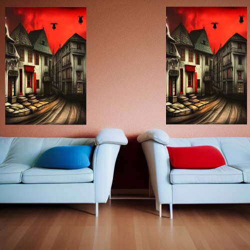 The street in the city and red sky  AI Art  Poster