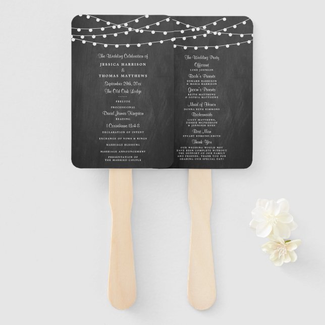 The String Lights On Chalkboard Wedding Collection Hand Fan (Front and Back)