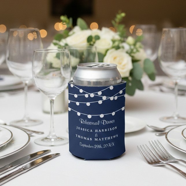 The String Lights On Navy Blue Wedding Collection Can Cooler (Creator Uploaded)