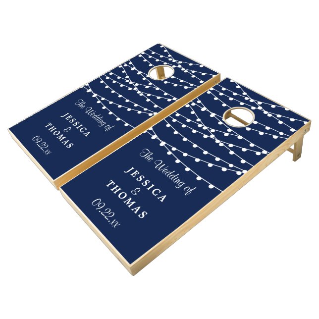 The String Lights On Navy Blue Wedding Collection Cornhole Set (Angled)