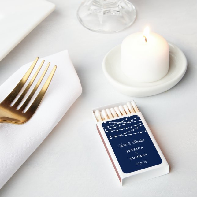 The String Lights On Navy Blue Wedding Collection Matchboxes (Insitu)