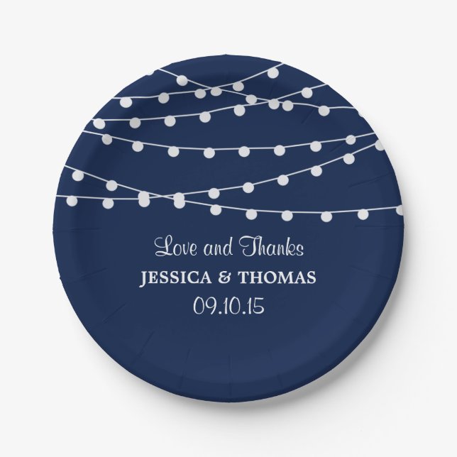 The String Lights On Navy Blue Wedding Collection Paper Plates (Front)
