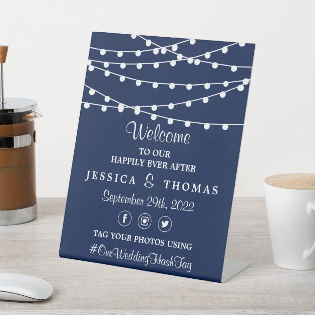 The String Lights On Navy Blue Wedding Collection Pedestal Sign (In SItu)