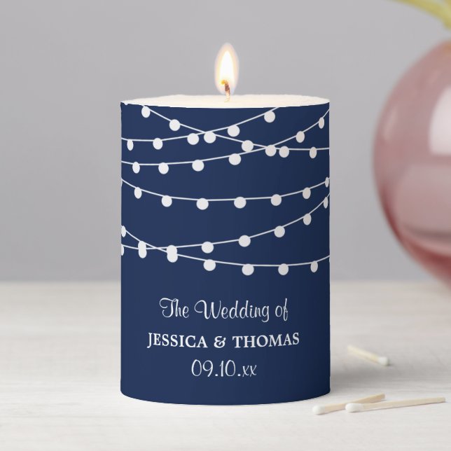 The String Lights On Navy Blue Wedding Collection Pillar Candle (In Situ)