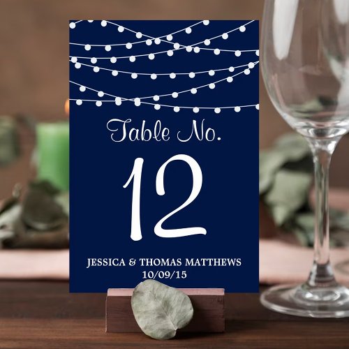 The String Lights On Navy Blue Wedding Collection Table Number