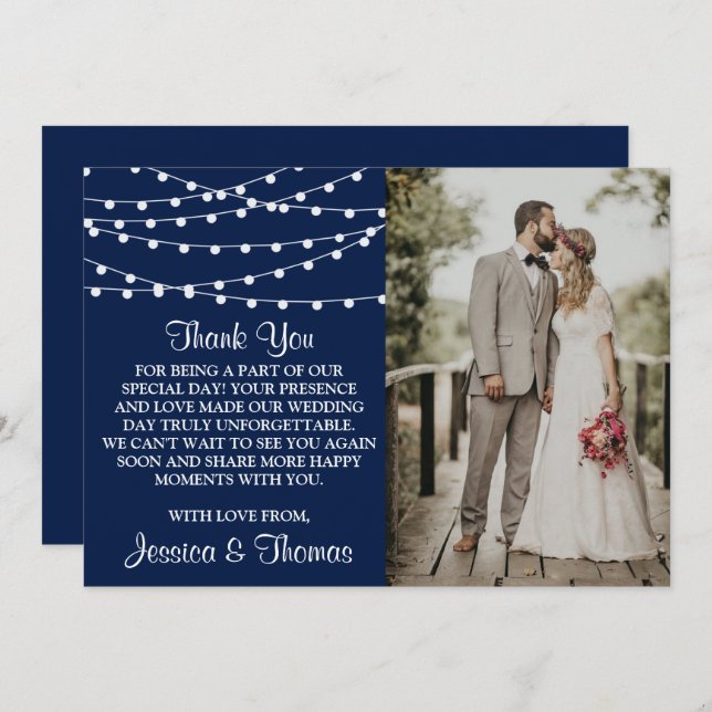 The String Lights On Navy Blue Wedding Collection Thank You Card (Front/Back)