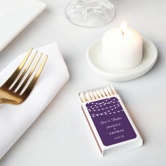 The String Lights On Purple Wedding Collection Matchboxes (Insitu)