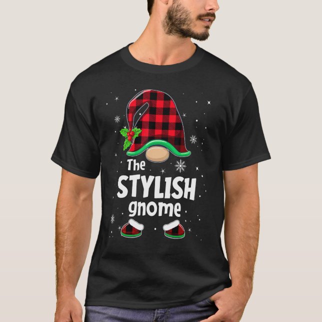 The Stylish Gnome Buffalo Plaid Christmas Matching T-Shirt (Front)
