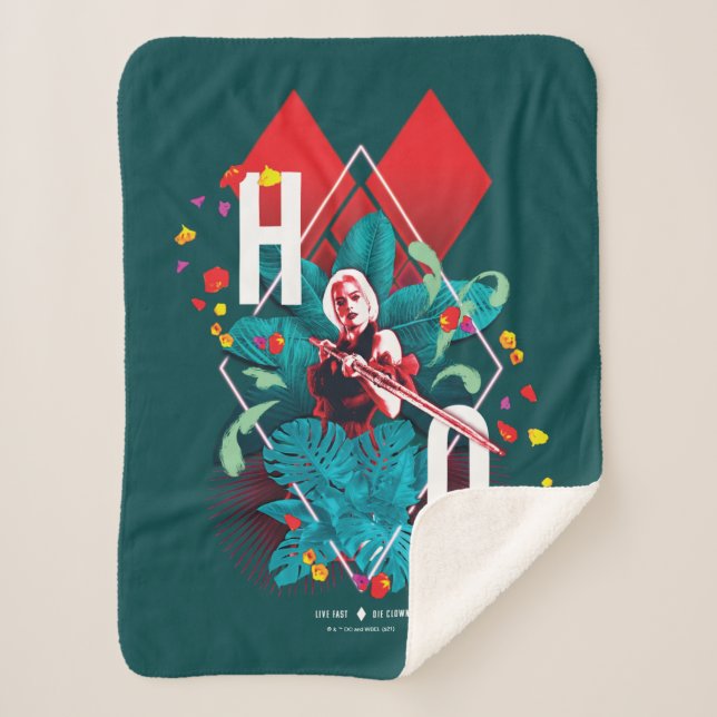 The Suicide Squad | Harley Quinn Floral Diamond Sherpa Blanket (Front)