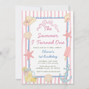 The Summer I Turned One Blue Stripe 1st Birthday  Invitation
