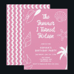 The Summer I Turned Sixteen 16th Birthday Party Invitation<br><div class="desc">The Summer I Turned Sixteen sets the tone for a modern, minimalist sweet sixteen invitation in pink, with breezy brush script announcing a Beach Birthday Pool Party. Girly hand‑drawn doodles of seashells, a chic sun hat, starfish, a swaying palm tree, and a playful bikini frame the design, balancing whimsical charm...</div>