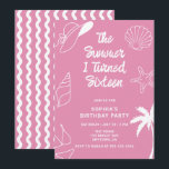 The Summer I Turned Sixteen 16th Birthday Party Invitation<br><div class="desc">The Summer I Turned Sixteen sets the tone for a modern, minimalist sweet sixteen invitation in pink, with breezy brush script announcing a Beach Birthday Pool Party. Girly hand‑drawn doodles of seashells, a chic sun hat, starfish, a swaying palm tree, and a playful bikini frame the design, balancing whimsical charm...</div>