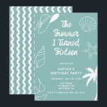 The Summer I Turned Sixteen 16th Birthday Party Invitation<br><div class="desc">The Summer I Turned Sixteen sets the tone for a modern, minimalist sweet sixteen invitation in teal, with breezy brush script announcing a Beach Birthday Pool Party. Girly hand‑drawn doodles of seashells, a chic sun hat, starfish, a swaying palm tree, and a playful bikini frame the design, balancing whimsical charm...</div>