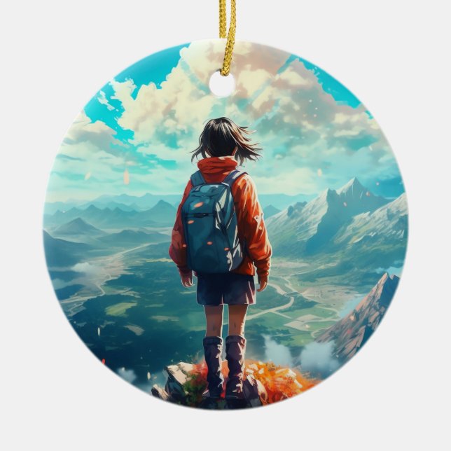 The Summit in Her Soul | Anime Hiker Girl Ceramic Ornament (Front)
