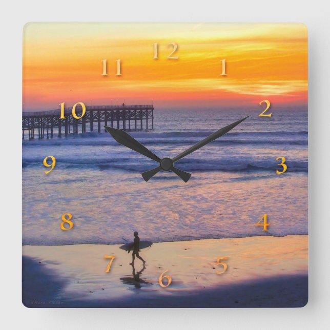 THE SUN HEADING HOME SURFER SQUARE WALL CLOCK (Front)