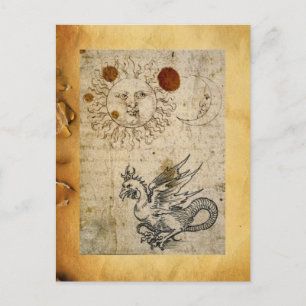 THE SUN ,MOON AND BASILISK ANTIQUE PARCHMENT POSTCARD