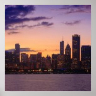 The sun sets over the Chicago skyline Poster