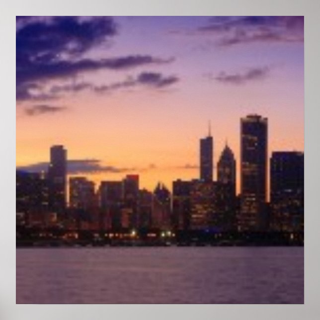 The sun sets over the Chicago skyline Poster (Front)