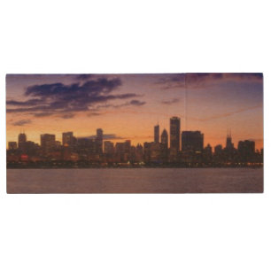 The sun sets over the Chicago skyline Wood USB Flash Drive