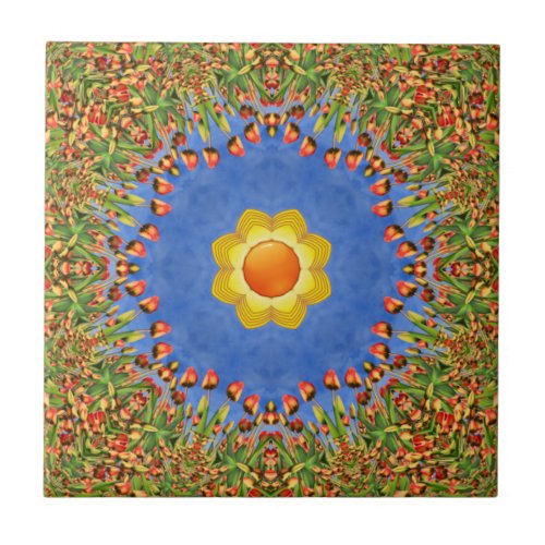 The Sun Vintage Orange Yellow Blue Kaleidoscope Tile