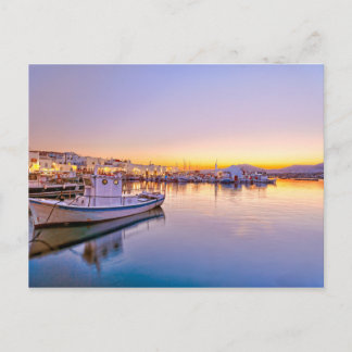 The sunset at the port of Naousa in Paros island Postcard