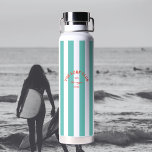 The Surf Club Crest Turquoise Cabana Stripe Water Bottle<br><div class="desc">The Surf Club water bottle / coffee flask is perfect for your surf days... truquoise cabana stripes with red custom surf club crest. Personalize with the details of your surf trip or club... year and destination. Perfect for a club, family or friends surf trip or as a gift for a...</div>