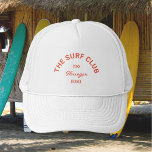 The Surf Club Custom Red Crest Surfers White Trucker Hat<br><div class="desc">The Surf Club custom red crest surfers white hat perfect for your surf trips... red custom surf club crest. Personalize with the details of your gathering... year and destination. Perfect for a family or friends surf trip or surf theme party. Matching accessories available in The Surf Club Cabana Stripe Collection....</div>