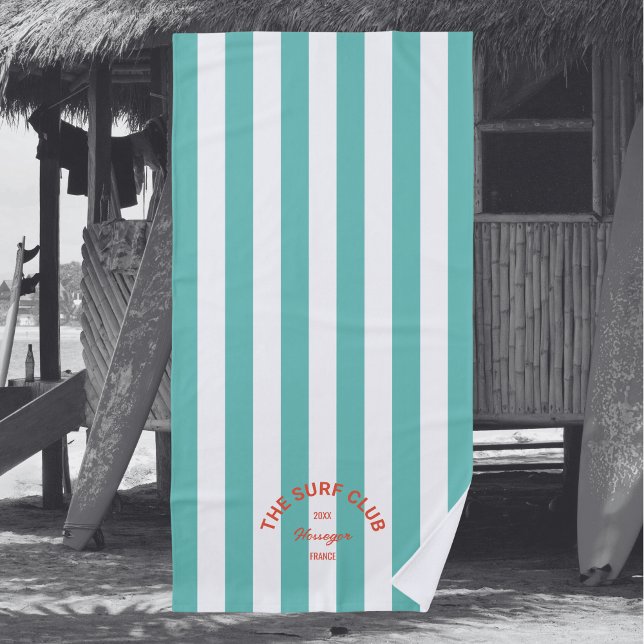 The Surf Club Red Crest Turquoise Cabana Stripe  Beach Towel (Creator Uploaded)