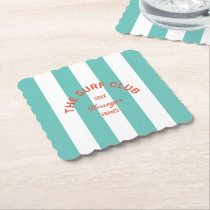 The Surf Club Red Crest Turquoise Cabana Stripe Paper Coaster
