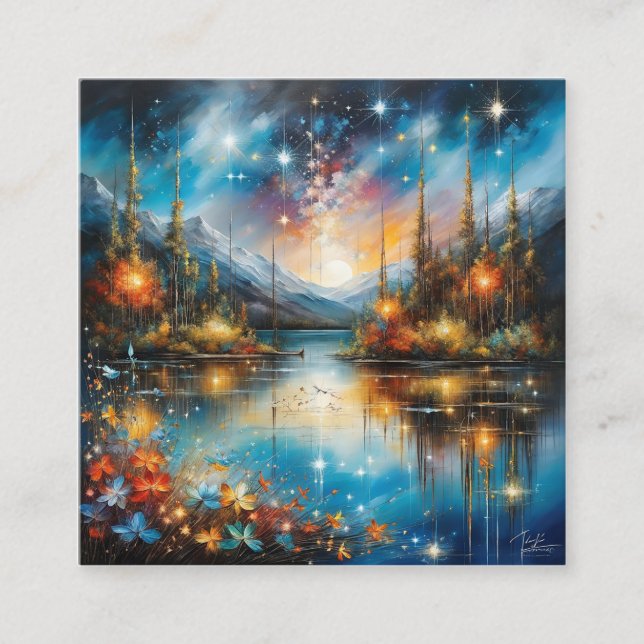 The surreal, mirrored lake reflecting a starry nig square business card (Front)