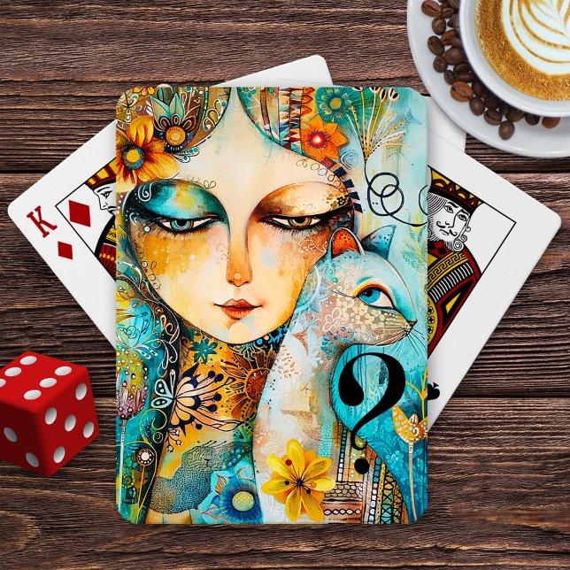 The Suspicious Cat Fine Art Poker Cards (Cat mom playing cards featuring a fine art illustration of a lady and mysterious kitty.)