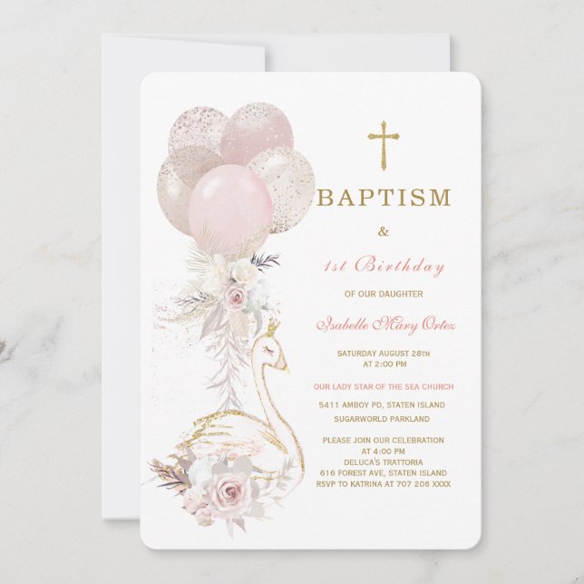 The Swan Princess Baptism and First Birthday  Invitation (Front)