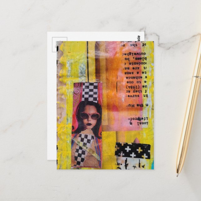 The Sweet Pink Treat on Yellow Mixed Media Collage Postcard (Front/Back In Situ)