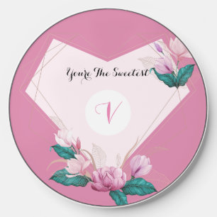 The Sweetest Pink Valentine Monogram Flower Wireless Charger