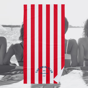The Swim Club Blue Crest Red Cabana Stripe  Beach Towel