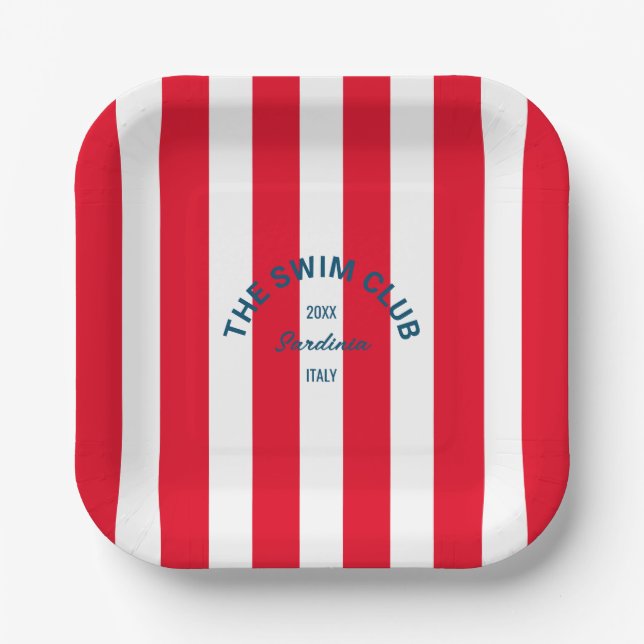 The Swim Club Crest Red Cabana Stripe Paper Plates (Front)