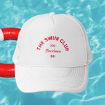 The Swim Club Custom Red Crest Swimmers White Trucker Hat<br><div class="desc">The Swim Club custom red crest swimmers white hat perfect for your swim meets by the pool or at the beach... red custom swim club crest. Personalize with the details of your gathering... year and destination. Perfect for a family or friends swim trip or swim theme party. Matching accessories available...</div>