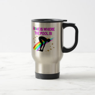 THE SWIMMER IS ALWAYS READY FOR THE POOL TRAVEL MUG