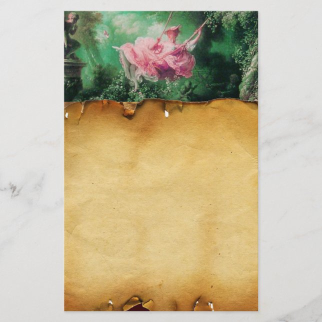 THE SWING ,Brown Parchment , green pink fuchsia Stationery (Front)