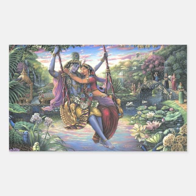 The Swing Pastime - Radha and Krishna Rectangular Sticker (Front)