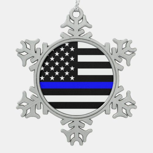 The Symbolic Thin Blue Line American Flag Snowflake Pewter Christmas Ornament