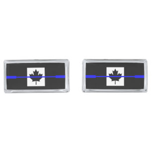 The Symbolic Thin Blue Line on Canadian Maple Leaf Silver Cufflinks