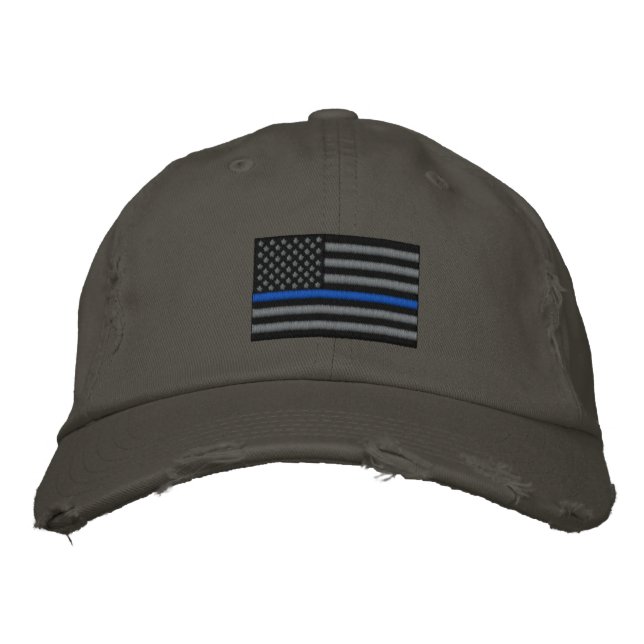 The Symbolic Thin Blue Line on US Flag Embroidered Baseball Cap (Front)