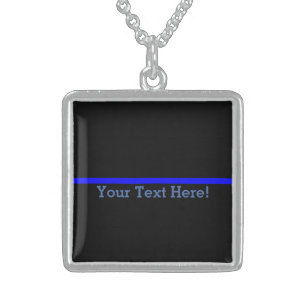 The Symbolic Thin Blue Line Your Text on Black Sterling Silver Necklace