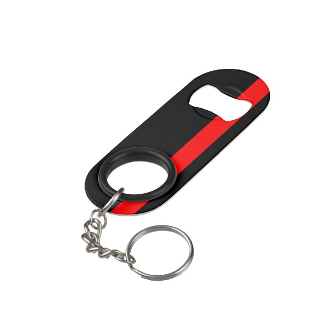 The Symbolic Thin Red Line Vertical Style on a Keychain Bottle Opener (Back Angled)