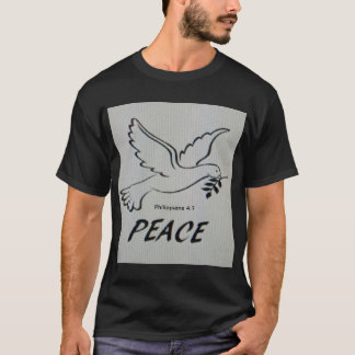 The T-Shirt has a peace dove and scripture.