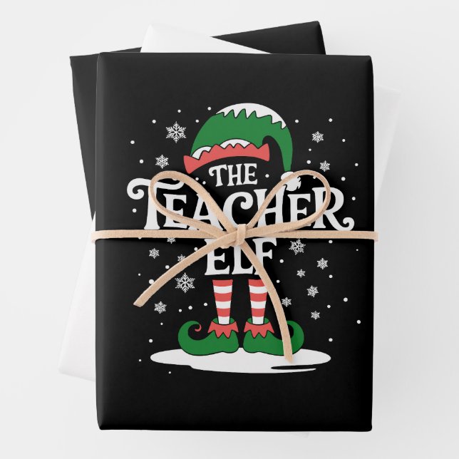 The Teacher Elf Christmas Family Matching Group Wrapping Paper Sheets (In situ)