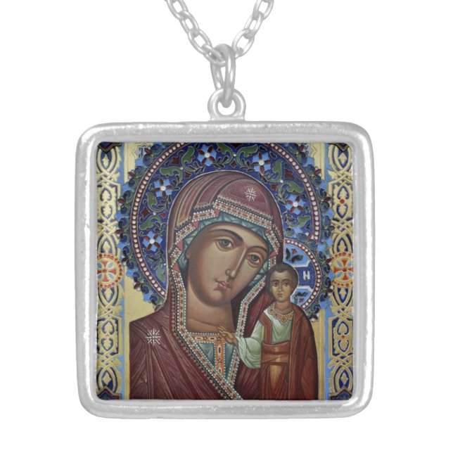 The Theotokos and Child Christ  Silver Plated Necklace (Front)