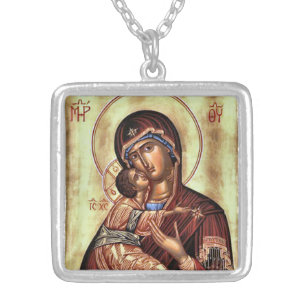 The Theotokos and the Christ Child Orthodox Icon  Silver Plated Necklace