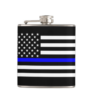 The Thin Blue Line Black and White US flag Flask